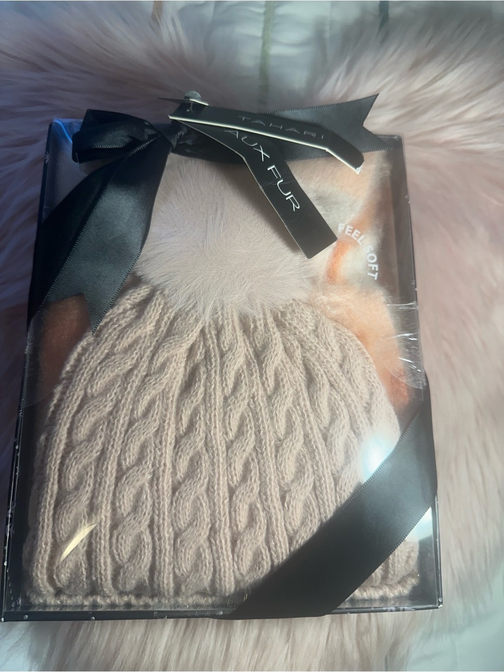 Tahari Blush pink Knit Beanie & Scarf Set with Faux-Fur Pom